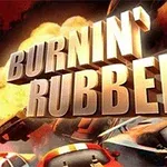 巨大な文字「BURNIN RUBBER」とスピードを感じさせるカラフルな車、背景に爆発が描かれているイメージ。