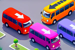 赤、オレンジ、ピンク、紫のバスが道路に並んでいる。