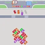 道路に複数の色とりどりの車が並び、交差点に向かって進んでいる様子。