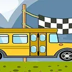 黄色いバスがチェッカーフラッグの前を通過しているイラスト。