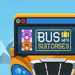 バスの正面に表示された「BUS WITH SUITCASES」の文字とカラフルなスーツケースのイラストが描かれた画像。