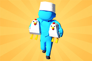 青いキャラクターが両手に2羽のニワトリを抱えている。