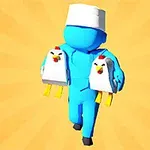 青いキャラクターが両手に2羽のニワトリを抱えている。