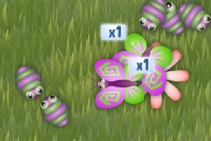 緑の草の上に、紫と緑の模様がある毛虫と蝶が描かれている。