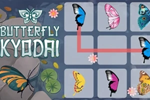 蝶々が描かれたパネルが並ぶパズル画面と、中央には「BUTTERFLY KYODAI」の文字がある画像。