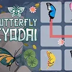 蝶々が描かれたパネルが並ぶパズル画面と、中央には「BUTTERFLY KYODAI」の文字がある画像。