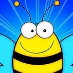 青い背景に幸せそうな表情をした漫画風のミツバチ。