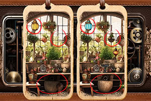 赤い丸で違いが示された、植物や小物が並ぶレトロな室内風景の左右比較画像。