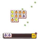 白い背景に果物と野菜の絵が描かれたタイルが並んでいる。