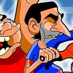二人のコミカルなキャラクターが互いににらみ合い、片方はメガネをかけて金髪で、もう片方は黒い髪とひげを持つ。