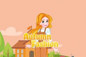 秋のファッションをテーマにした金髪のキャラクターと家や木々が背景に描かれているイラスト。
