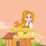 秋のファッションをテーマにした金髪のキャラクターと家や木々が背景に描かれているイラスト。