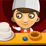 コック帽をかぶったキャラクターが、ケーキの台とタルトを前にして小さな赤いボールを持っている。