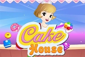 女性キャラクターが右手にデザートを持ち、カラフルな背景と「Cake House」という文字が描かれたイラスト。