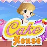 女性キャラクターが右手にデザートを持ち、カラフルな背景と「Cake House」という文字が描かれたイラスト。