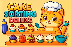 猫のシェフがカップケーキやデザートを並べているイラスト。
