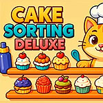 猫のシェフがカップケーキやデザートを並べているイラスト。