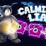 女の子の後ろに大きなクマのぬいぐるみが立ち、紫色のキャラクターが3匹並んでいるイラスト。