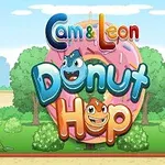 ピンクのドーナツを背景に、緑の木や青空の下でカラフルな文字と笑顔のキャラクターが描かれている。