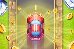 赤い車が道路の中央を走行し、周囲に金色のコインが散らばっている様子。