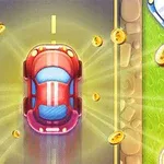 赤い車が道路の中央を走行し、周囲に金色のコインが散らばっている様子。