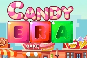 キャンディとケーキの看板があるカラフルな背景に「CANDY ERA」と書かれた文字のイラスト。