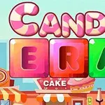 キャンディとケーキの看板があるカラフルな背景に「CANDY ERA」と書かれた文字のイラスト。