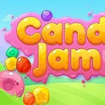 カラフルなキャンディと「Candy Jam」と書かれたピンクの背景が特徴のイラスト。