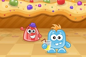 赤色の帽子をかぶったゼリーのキャラクターと、黄色の飲み物を持った青いゼリーのキャラクターが、カラフルな背景の前にいる。