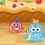 赤色の帽子をかぶったゼリーのキャラクターと、黄色の飲み物を持った青いゼリーのキャラクターが、カラフルな背景の前にいる。
