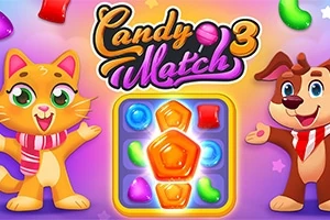 カラフルなキャンディが描かれたゲームの画面に、スカーフを巻いた猫と犬が左右に立っているイラスト。