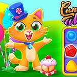 カラフルな帽子をかぶった猫が風船とプレゼントの隣で笑顔を見せ、キャンディーのピースが並んだゲームボードが描かれている。