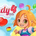 カラフルなキャンディとオレンジ色の髪のキャラクターが描かれた青空の背景。