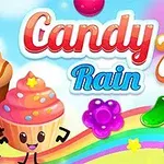 カラフルな背景にお菓子のキャラクターと虹が描かれているイラスト。