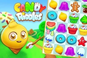 明るい背景の前にキャラクターがいて、アイスクリームやドーナツなどカラフルなお菓子のアイコンが並んでいる。