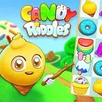 明るい背景の前にキャラクターがいて、アイスクリームやドーナツなどカラフルなお菓子のアイコンが並んでいる。