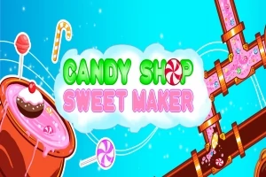 青い背景にカラフルな「CANDY SHOP SWEET MAKER」の文字とキャンディやチョコレートが描かれている画像。