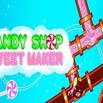 青い背景にカラフルな「CANDY SHOP SWEET MAKER」の文字とキャンディやチョコレートが描かれている画像。