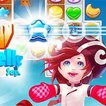赤い髪のキャラクターとカラフルなお菓子が背景のイラスト。