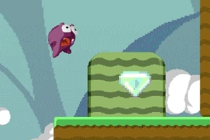 紫色のキャラクターが緑のブロックに向かってジャンプしている場面。