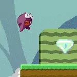 紫色のキャラクターが緑のブロックに向かってジャンプしている場面。