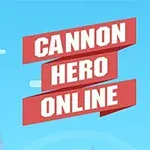 赤と青のキャラクターが大砲を持ち、空に「CANNON HERO ONLINE」と書かれたポスターの前に立っている。