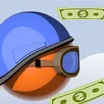 青いヘルメットをかぶったオレンジ色の球体がゴーグルを装着し、金色の輪と紙幣の背景を持つ。