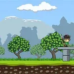 野外の風景に、小さな大砲を持ったキャラクターと、木のそばに立つもう一人のキャラクターが描かれている。
