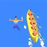 青い海で、黄色いボートに乗った5人がオールを漕いでいる様子。