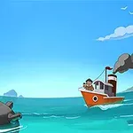 青い海に浮かぶ地雷と小さな蒸気船を操縦する人物。