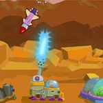 火星のような赤い岩山背景に、小さなロケットと光線を放つ装置が描かれているイラスト。