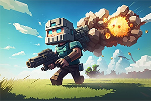 青空の下、装備をまとったブロック風のキャラクターが武器を持って走り、背景で爆発が起きている。