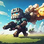 青空の下、装備をまとったブロック風のキャラクターが武器を持って走り、背景で爆発が起きている。