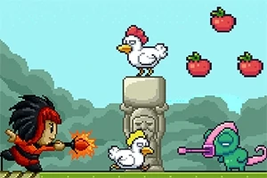 赤い髪のキャラクターが火の玉を投げる様子と、鶏とカメレオン、浮かぶイチゴが描かれているピクセルアートの場面。